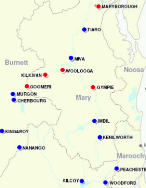Location map - 2011 Gympie Flood (Red dots - flood inundated towns. Blue dots - flood affected towns)